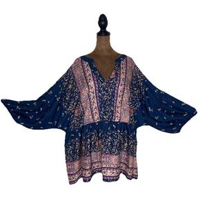 Bloomchic Boho Peasant Top Blue Red Floral 3/4 Balloon Sleeves Size 26 (3X) Plus